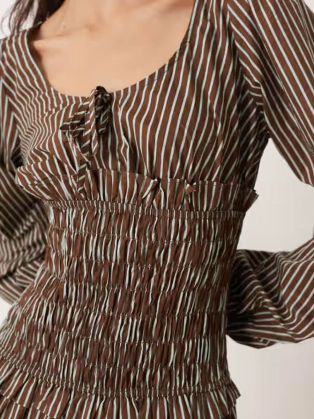 Glamorous Dropped Waist Shirred Maxi Dress | Brown Blue Stripes | Size 8 | NWT - Picture 4 of 4